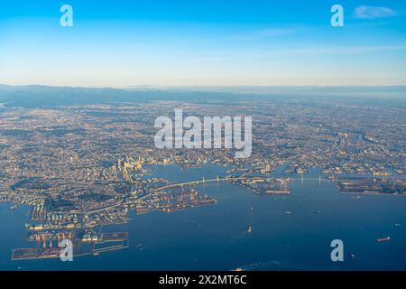 Aerial view of Yokohama City, Kawasaki city and Ota city in sunrise time with blue sky horizon background, Tokyo, Japan Stock Photo
