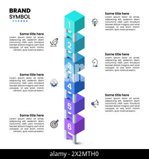 Infographic template with icons and 6 options or steps. Vertical staircase. Can be used for workflow layout, diagram, banner, webdesign. Vector illust Stock Vector