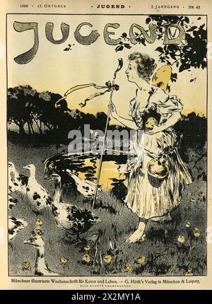 Woman herding geese from a pond, Cover from Jugend 1896, Art Nouveau, Jugendstil, adverts, German, History 19th Century. Stock Photo