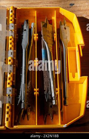 A selection of drill bits used in a carpentry project. Cary, North Carolina Stock Photo