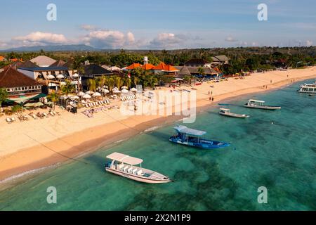 Nusa lembongan - September 04 2022: Aerial drone view of tourists enjoy the Jungut Batu beach in Nusa Lembongan in Bali in Indonesia in Southeast Asia Stock Photo