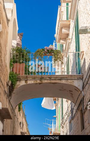 Molfetta old town. Small cobblestone street and stone residential buildings. Stock Photo