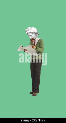 Man with an antique statue bust standing and reading a newspaper. Contemporary art collage. Interest and curiosity, knowledge Stock Photo