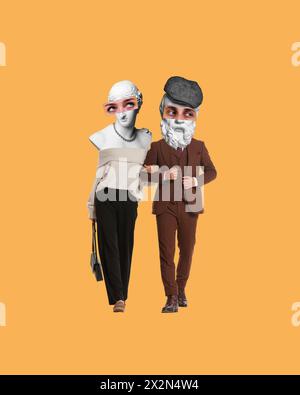 Man and woman with antique statue bust, elegant clothes holding hands and walking with uncertain expression. Contemporary art collage. Stock Photo