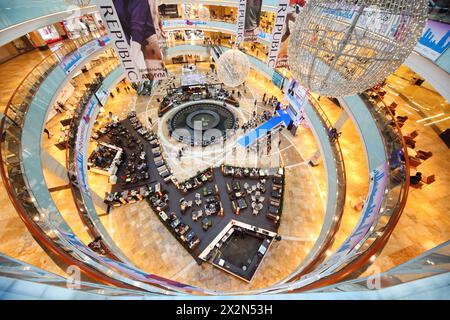 MOSCOW - SEPTEMBER 7: Top view of blue podium at fashion show Kanzler in Afimall on September 7, 2011 in Moscow, Russia. Shops of German brand KANZLER Stock Photo