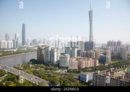 Panorama of Guangzhou with Canton Tower and Twin Tower in daytime Stock Photo