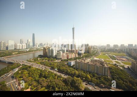 Panorama of Guangzhou with TV Canton tower and Twin Tower in daytime Stock Photo