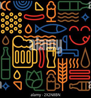 Beer and snack food, color blocks vector illustration. Glasses, mugs, hops colorful line icons for pub and bar design. Brewery tasting, alcohol shop b Stock Vector