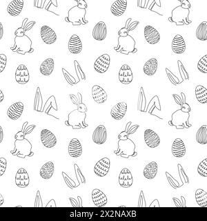 Seamless pattern of hand-drawn rabbits, ears, Easter eggs. Festive Easter bunnies design. Continuous line art. Isolated on white backdrop. Easter deco Stock Vector