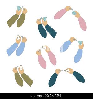 Set of Flat Hands with Gemstones and Rings. Vector Gestures in different positions. Cartoon Jeweler hand Showing, holding and representing Jewelry. Gr Stock Vector