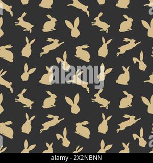 Easter seamless pattern of yellow rabbit silhouettes in different actions. Festive Easter bunnies design. Isolated on black background. For Easter dec Stock Vector