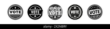 Set of Bold VOTE emblems in circular badge design. Graphic icons. Illustration on white backdrop. Concept of democracy, elections, politics. Design fo Stock Vector