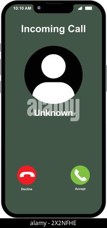 Unknown call screen, incoming call screenshot, Unknown number calling Mobile, scam phone call Stock Vector