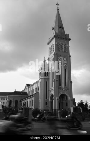 The St. Nicholas Cathedral, Da Lat Roman Catholic Cathedral, Cathedral of the chicken in black and white photo, located in Da Lat city, Lam Dong provi Stock Photo