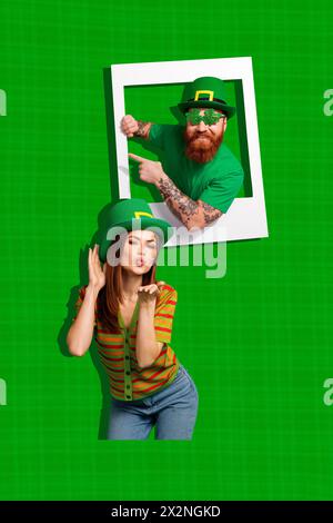 Trend artwork composite sketch image 3D photo collage of couple man lady celebrate green saint patrik day ireland holiday lucky shamrock Stock Photo