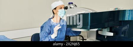 Appealing doctor in scrubs working at a hospital bed. Stock Photo