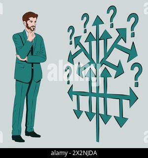 A man uses a decision tree to identify a problem or opportunity in the decision-making process. Business concept. Outline vector illustration. Stock Vector