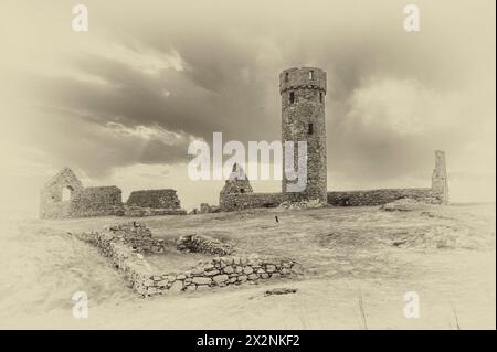 The image is of the interior grounds at the 12th century historic Peel Castle and abbey on the west coast of the Isle of Man. Stock Photo