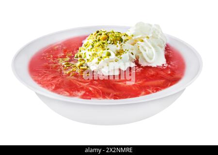 Rhubarb jelly soup with cream isolated on white background Stock Photo