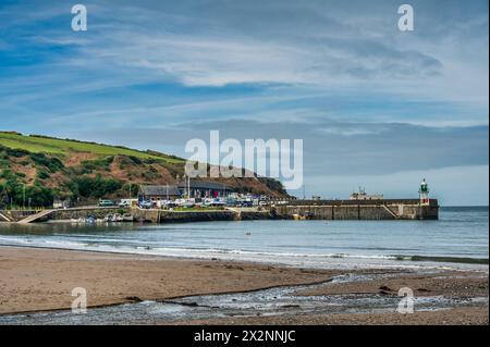Scenic image looking across the bay towards the Irish Sea at the coastal resort town of Port Erin on the southwestern tip of the Isle of Man Stock Photo