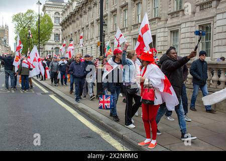 London, uk, 23rd Apr 2024 Right wing protest on St George’s Day  march has brought London to a standstill this afternoon as protesters Whitehall is blocked in both directions by a huge crowd holding England flags this afternoon Credit: Richard Lincoln/Alamy Live News Stock Photo