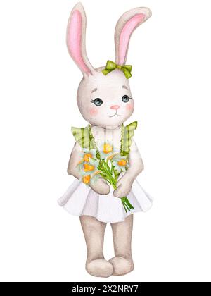 Cute bunny girl with a bouquet of flowers. Children's illustration. Hand drawn watercolor. Baby shower, Mother's day, Birthday, children's party. Clip Stock Photo