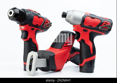 Professional worker tools for craft, drill, screw, saw isolated on white studio background Stock Photo