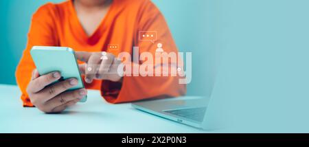 Woman hand using smartphone typing live chat chatting on application communication digital web and social network concept. Social media application ch Stock Photo