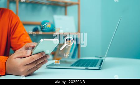 Businessman Search On Virtual Screen Data Search Technology Search Engine Optimization, Man use search engine to Searching for information, Using web Stock Photo
