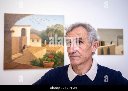 [EMBARGOED UNTIL 00.01 24 APRIL 2024] London, UK.  23 April 2024. Catalan artist Ramiro Fernandez Saus with (L) 'Montferri', 2023, at a preview of ‘The Lightness of the Days’, his new exhibition at Long & Ryle in Pimlico.  The exhibition runs 25 April to 28 June 2024.   Credit: Stephen Chung / Alamy Live News Stock Photo