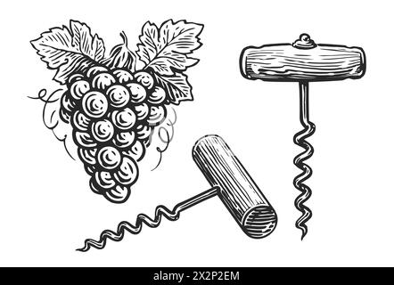 Hand drawn wine corkscrew in engraving style. Vector illustration. Vintage style sketch Stock Vector