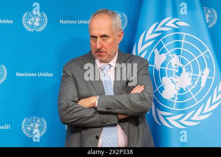 New York, United States. 22nd Apr, 2024. Spokesperson for the Secretary-General Stephane Dujarric seen during press briefing with guest Catherine Colonna, Chair of the Independent Review of United Nations Relief and Works Agency for Palestine Refugees in the Near East (UNRWA) at UN Headquarters in New York (Photo by Lev Radin/Pacific Press) Credit: Pacific Press Media Production Corp./Alamy Live News Stock Photo