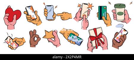 Vector doodle set of colored human hand with phone, cup, heart, star, credit card and gift box isolated on white background. Person holding smartphones and various stuff. People hands show gestures. Stock Vector