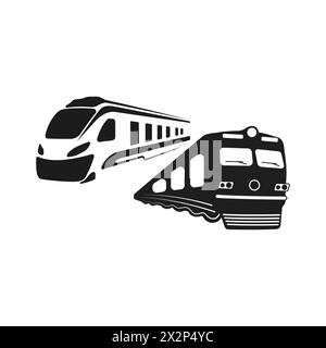 Two train silhouettes for railway companies vector. Railroad logo vector icon. Crossing of trains vector. Movement of trains in different directions. Stock Vector