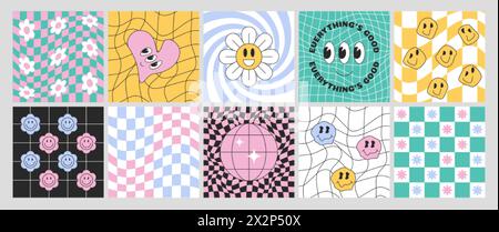 Checkerboard set with distorted grid tile. Geometric square backgrounds in psychedelic y2k style. Checkered seamless pattern, retro chessboard with hippie flowers, groovy daisy, heart and smile faces. Stock Vector