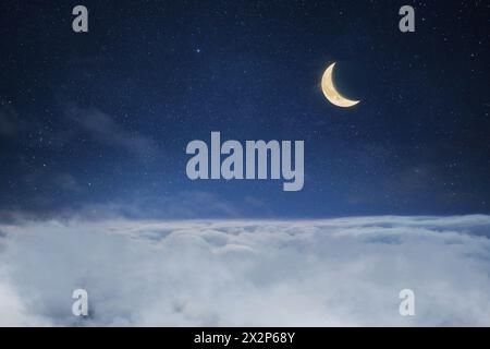 Clouds With Starry Sky And Crescent Moon, Creative Idea. Sleep And Dreams, Concept. Good Night. Stock Photo