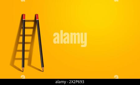 Success Creative Concept, Pencil Ladder. Pencils Stand Near A Yellow Wall With A Shadow Of A Ladder, Creative Idea. Development And Success. Think Dif Stock Photo