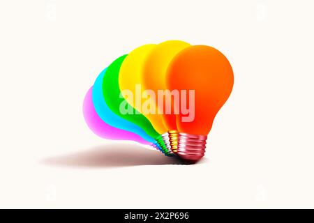Creative Colored Light Bulbs With Rainbow Colors Glow On A White Background. Think Differently, Concept. Checking Colors. Thinking, Creative Idea Stock Photo
