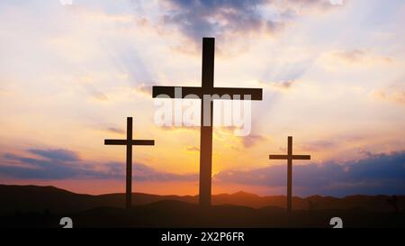 Crucifixion Of Jesus Christ At Dawn - Three Crosses At Sunset. Three Crosses Stand In A Field On A Beautiful Sky With Rays And Clouds. Easter Stock Photo