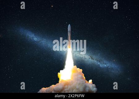 Spacecraft Flies Up Into The Starry Sky. Rocket With Smoke Flies Into Space. Space Shuttle Stock Photo