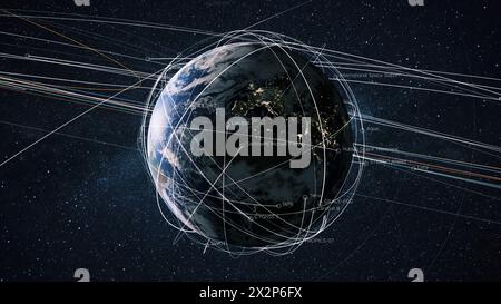 Beautiful Blue Planet Earth With Satellites And Trajectory Lines In Starry Space. Planet Earth With The Light Of The Night Cities Of Europe And The Mo Stock Photo