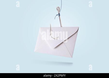 Paper Mail Letter With Metal Hook On Blue Pastel Background, Concept. Phishing And Hacker Attack Via Email, Creative Idea. Hackers And Spam Mailing. D Stock Photo
