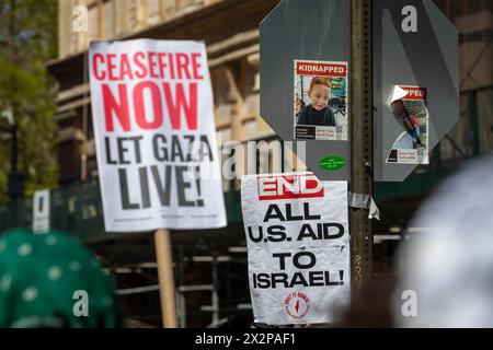 New York, United States. 21st Apr, 2024. A old flyer of a kidnapped Israeli child is stuck to a sign where student activists occupy a protest encampment outside the Stern School of Business on April 22, 2024 in New York City. Students at New York University took over Gould Plaza in solidarity with other Universities across the country who have occupied spaces on campus in support of Palestine demanding their institution divest from Israel. (Photo by Michael Nigro/Pacific Press) Credit: Pacific Press Media Production Corp./Alamy Live News Stock Photo