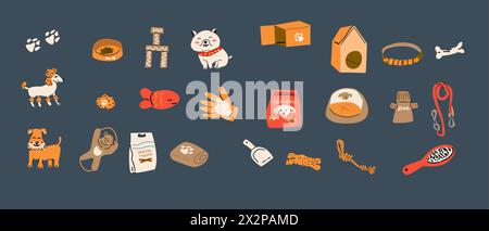 Cartoon dogs and equipment. Cute doodle poodle, terrier and bulldog home pets with supplies, toys, bed, bowl, food and leash, towel. Vector set Stock Vector