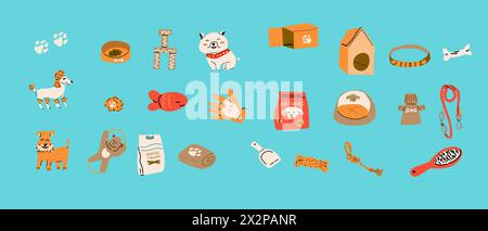Cartoon dogs and equipment. Cute doodle poodle, terrier and bulldog home pets with supplies, toys, bed, bowl, food and leash, towel. Vector set Stock Vector