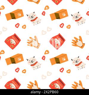 Cartoon dogs and equipment seamless pattern. Cute doodle poodle, terrier and bulldog home pets with supplies, toys, bed, bowl, food and leash, towel. Stock Vector