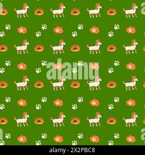 Cartoon dogs and equipment seamless pattern. Cute doodle poodle, terrier and bulldog home pets with supplies, toys, bed, bowl, food and leash, towel. Stock Vector