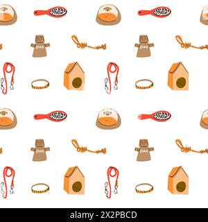 Cartoon dogs and equipment seamless pattern. Cute doodle poodle, terrier and bulldog home pets with supplies, toys, bed, bowl, food and leash, towel. Stock Vector