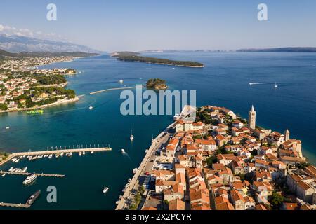 Rab, Croatia: Aerial drone view of the famous Rab medieval old town by the Adriatic sea in Croatia on a sunny summer day Stock Photo
