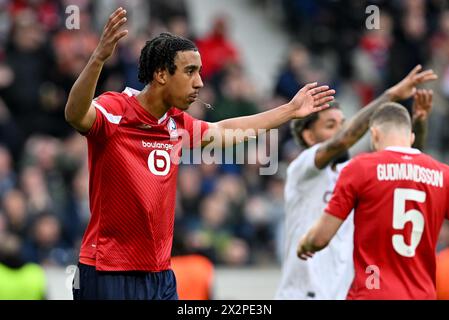 Lille, France. 18th Apr, 2024. Leny Yoro (15) of Lille pictured during the Uefa Conference League Quarter final round - second leg game in the 2023-2024 season between Lille OSC and Aston Villa on April 18, 2024 in Lille, France. (Photo by David Catry/Isosport) Credit: sportpix/Alamy Live News Stock Photo